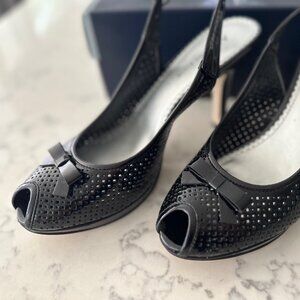ANNE KLEIN Akquesa Slingback Peep Toe Black Patent Heels Size 7.5